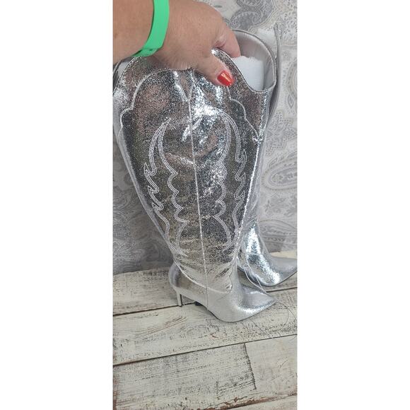 Forever 21 Metallic knee-high cowboy western stiletto boots Size 6 Festival NWT - Picture 8 of 14
